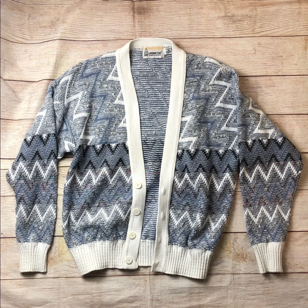 London Fog Zigzag Patterned Cardigan‎ in Blue and White 🩵